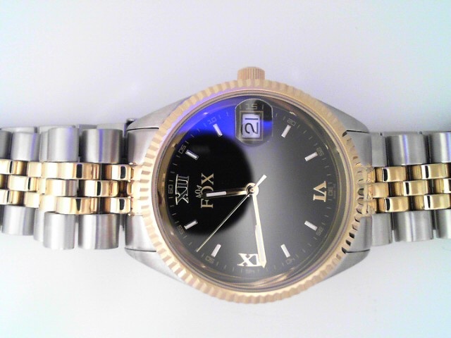 GENTS TWO TONE CASE AND FIVE LINK BRACELET ROUND BLACK DIAL FOX WATCH