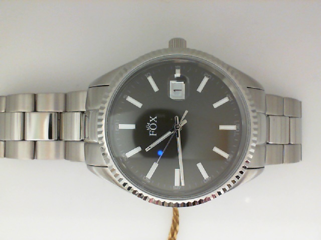 GENTS STAINLESS STEEL ROUND CASE AND THREE LINK BRACELET WITH A GREY STICK DIAL FOX WATCH