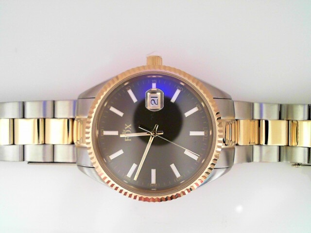 GENTS TWO TONE CASE AND THREE LINK BRACELET ROUND GREY STICK DIAL FOX WATCH