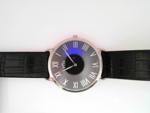 GENTS STAINLESS STEEL ROUND CASE BLACK LEATHER STRAP BLACK ROMAN DIAL FOX WATCH