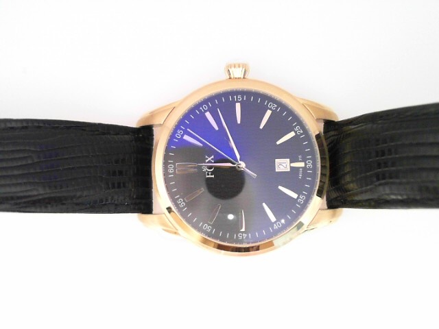GENTS YELLOW CASE BLACK LEATHER STRAP WITH DEPLOYMENT CLASP ROUND TEXTURED BLACK DIAL FOX WATCH