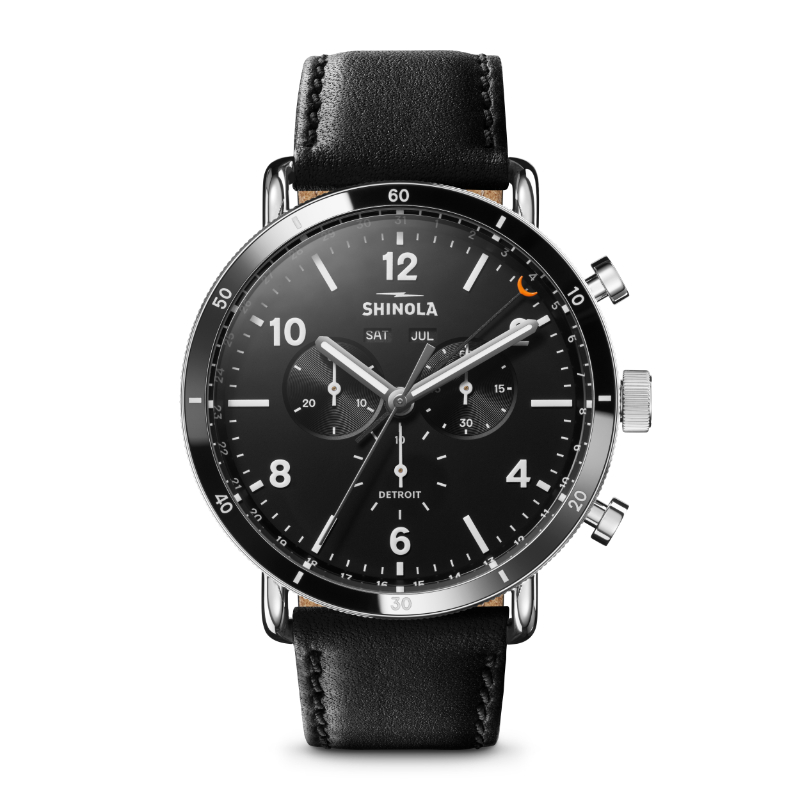 SHINOLA 45MM CANFIELD SPORT CHRONO ROUND BLACK MATTE DIAL 22MM BALCK LEATHER STRAP WATCH SERIAL #S0100604857