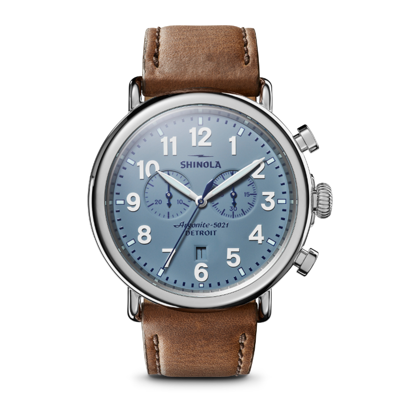 SHINOLA 47MM RUNWELL 2 EYE CHRONO SLATE BLUE DIAL  24MM BRITISH TAN LEATHER STRAP POLISHED SHINY STEEL CASE WATCH SERIAL #S0100901225