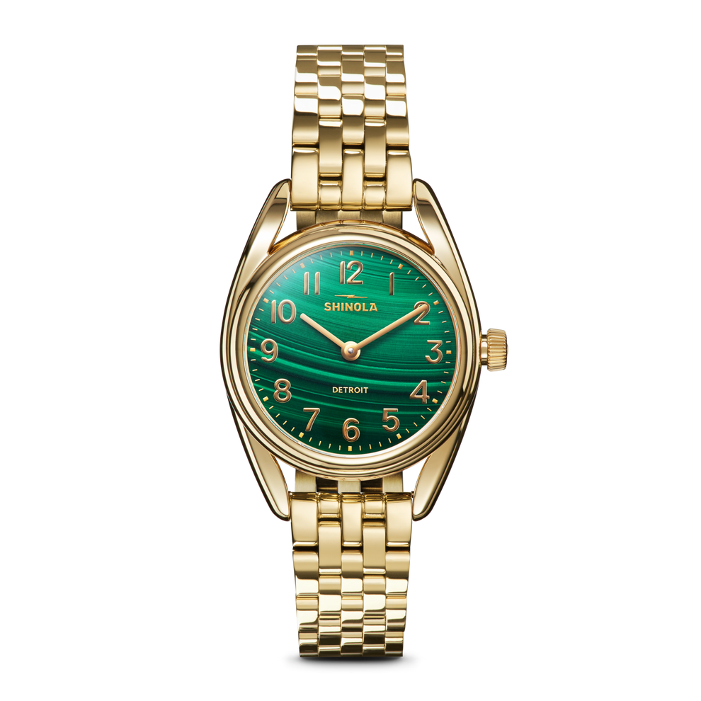 SHINOLA 30.5MM "DERBY" YELLOW CASE AND BRACELET ROUND MALACHITE DIAL WATCH SERIAL # S0101300152