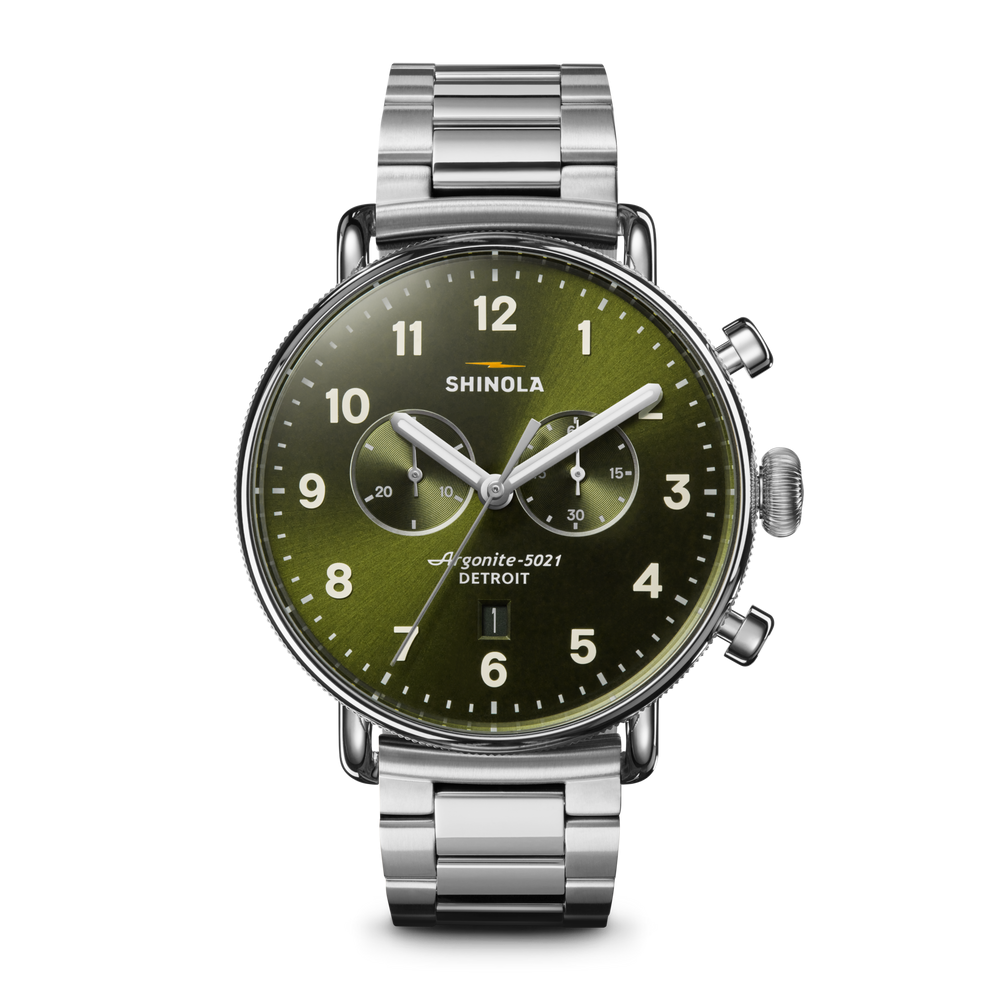 SHINOLA 43MM "CANFIELD CHRONO" STAINLESS CASE AND BRACELET ROUND DARK OLIVE DIAL WATCH SERIAL #S0101300152