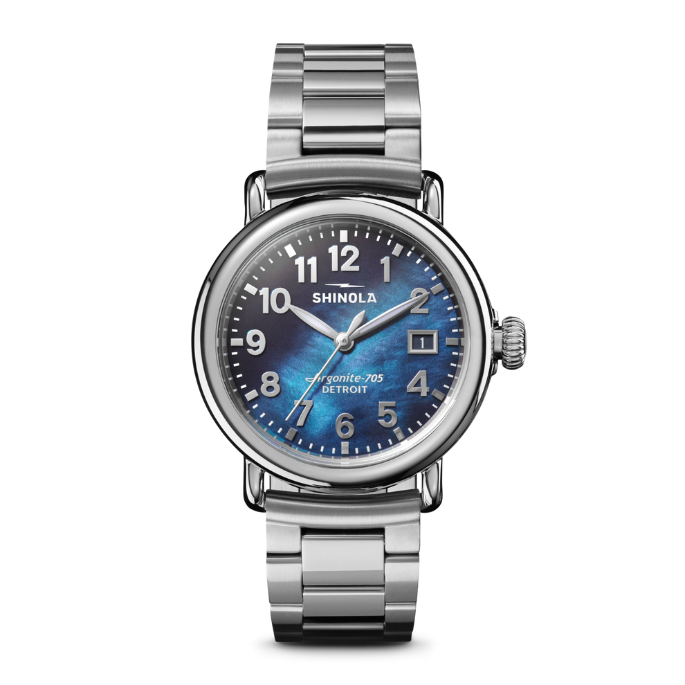 SHINOLA 36MM "RUNWELL" STAINLESS CASE AND BRACELET WITH A ROUND CADET BLUE MOTHER OF PEARL DAIL WATCH SERIAL #S0101300006