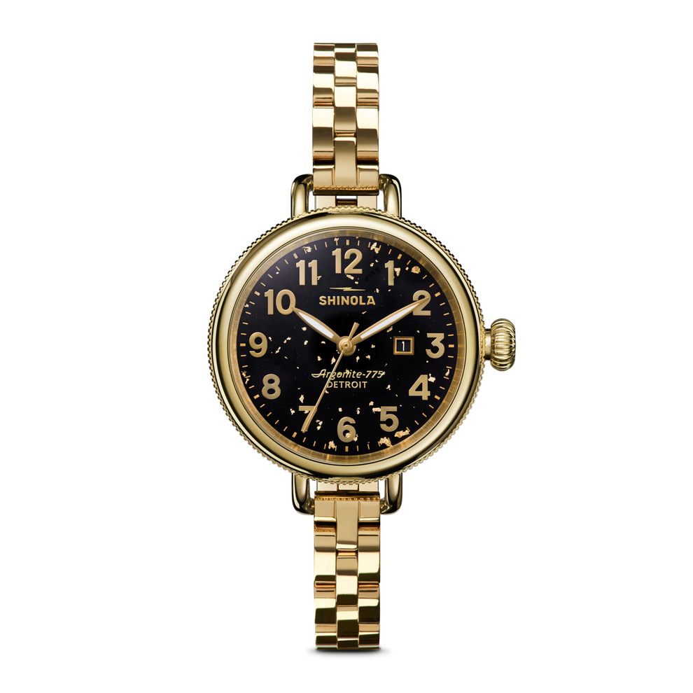 34MM SHINOLA "BIRDY" GIFT SET YELLOW CASE AND BRACELET ROUND BLACK DIAL WITH GOLD FLAKES AND AN 8MM BLACK LEATHER STRAP WATCH SERIAL #S0101300232