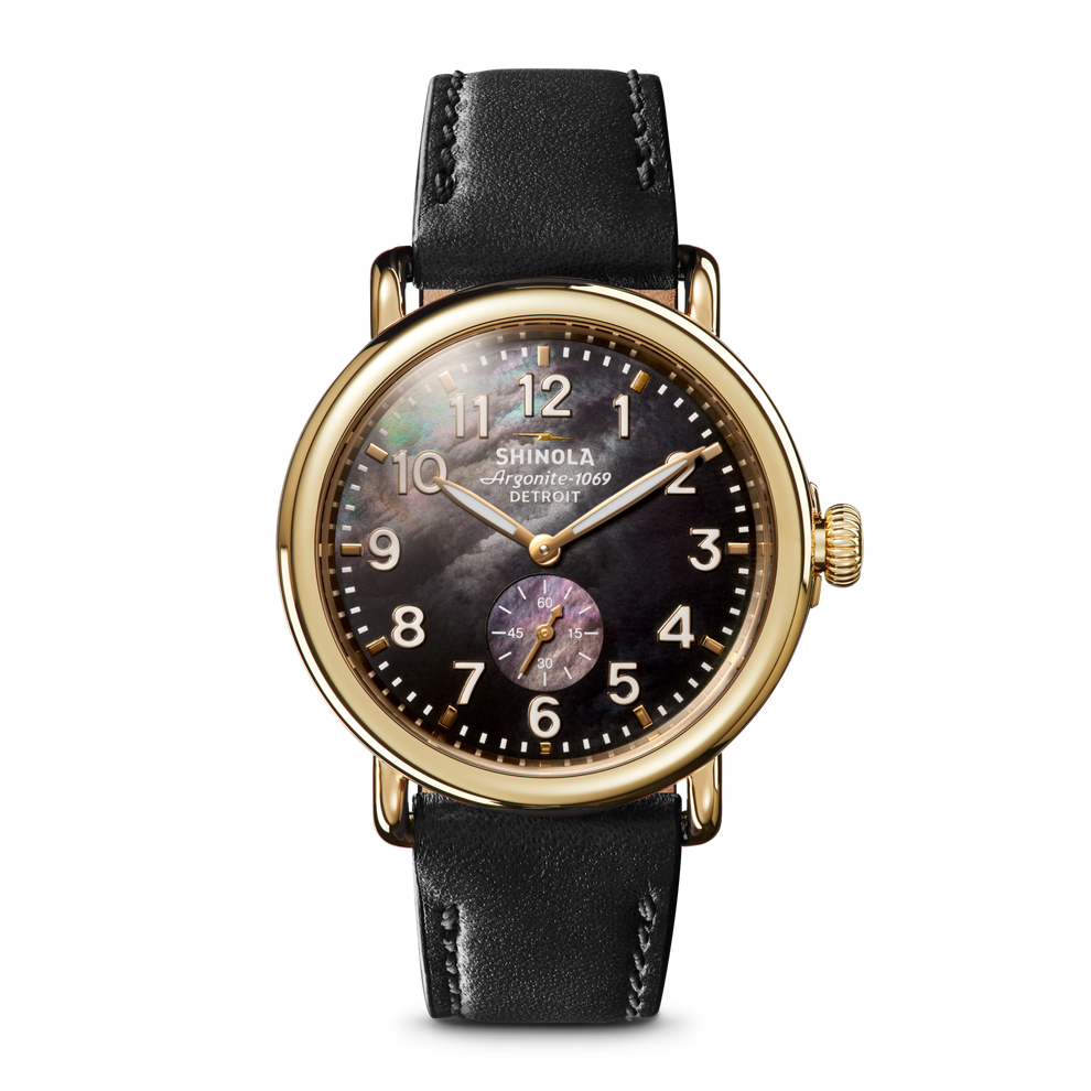 SHINOLA 41MM "RUNWELL" YELLOW CASE 20MM BLACK LEATHER STRAP BLACK MOTHER OF PEARL DIAL WATCH SERIAL #S0101200775