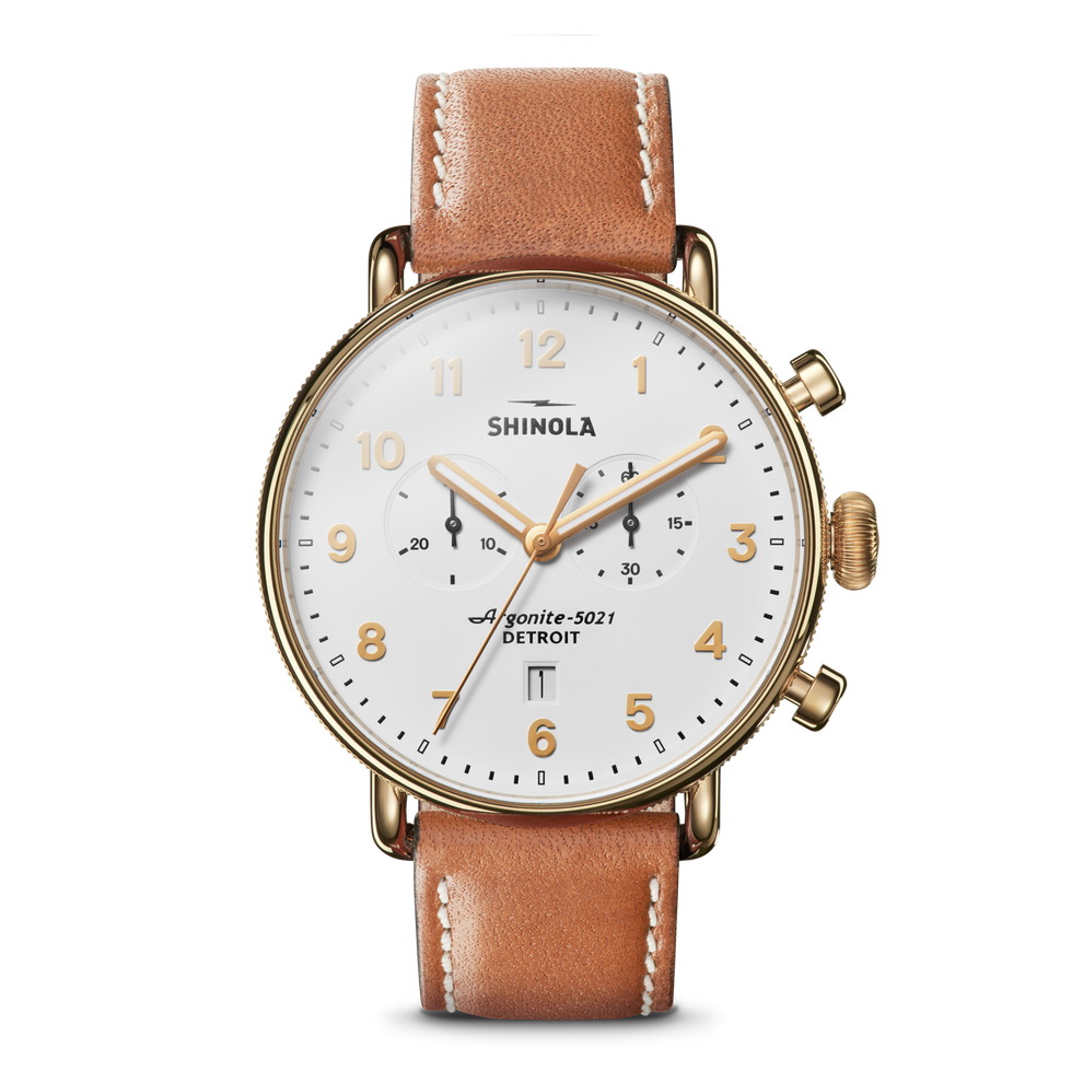 SHINOLA 43MM "CANFIELD" 2 EYE CHRONO ROUND YELLOW CASE 20MM TAN LEATHER STRAP WHITE DIAL SHINOLA WATCH SERIAL #S0100503579