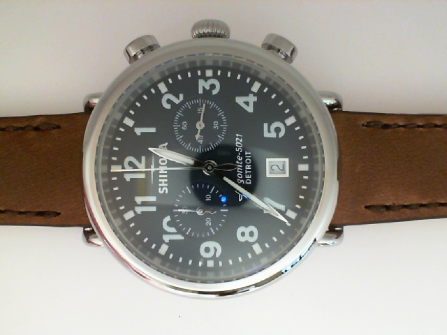 SHINOLA 41MM "RUNWELL CHRONO" STAINLESS STEEL CASE MIDNIGHT BLUE DIAL 20MM BRITISH TAN LEATHER STRAP WATCH SERIAL #S0100902488