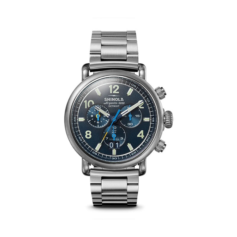 SHINOLA 42MM "RUNWELL" WEST WIND TITANIUM CASE AND BRACELET WITH A BLUE RUBBER STRAP MIDNIGHT BLUE DIAL SHINOLA GIFT SET SERIAL #S0101300058