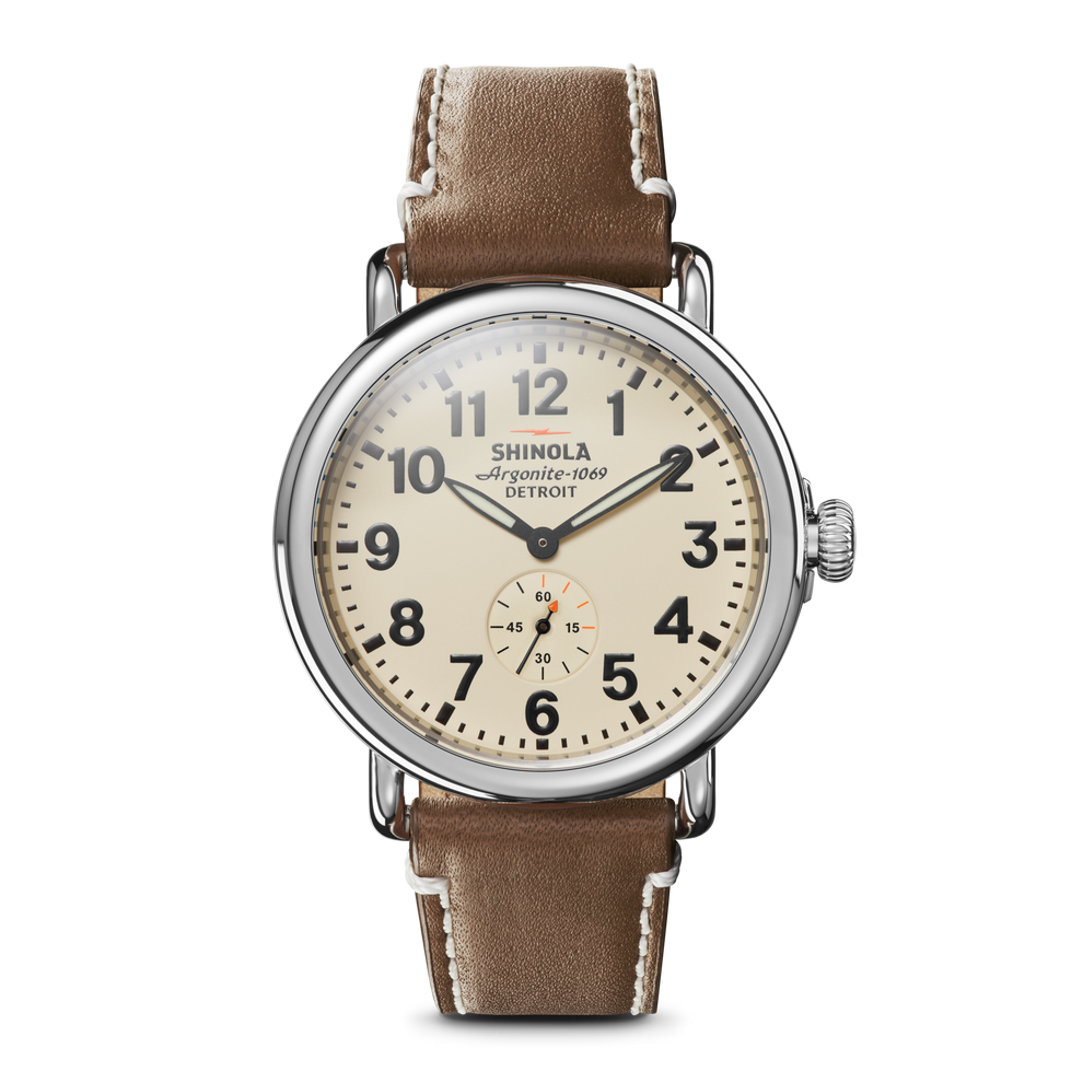 SHINOLA 41MM "RUNWELL" SHINY STAINLESS CASE ROUND CREAM DIAL AND DARK COFFEE LEATHER STRAP WATCH SERIAL #S0100209998