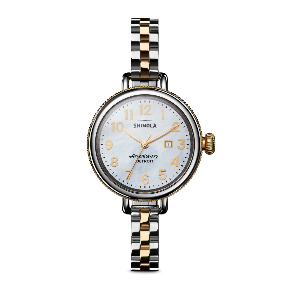 SHINOLA 34MM "BIRDY" TWO TONE BRACELET ROUND WHITE MOTHER OF PEARL DIAL WATCH SERIAL # S0100511239