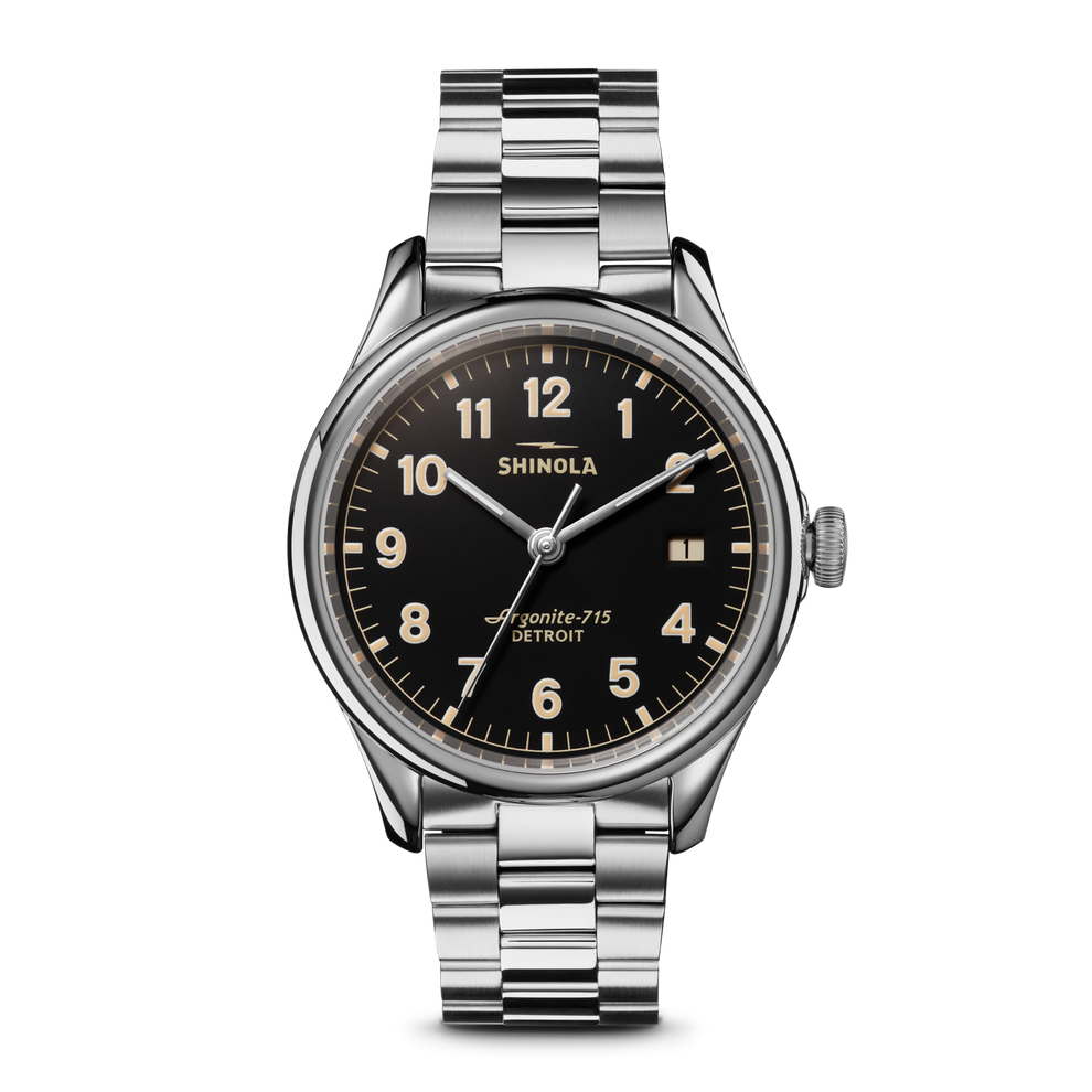 SHINOLA 38MM "VINTON" STAINLESS STEEL CASE AND BRACELET ROUND BLACK MATTE VELVET DIAL WATCH SERIAL #S0100706399