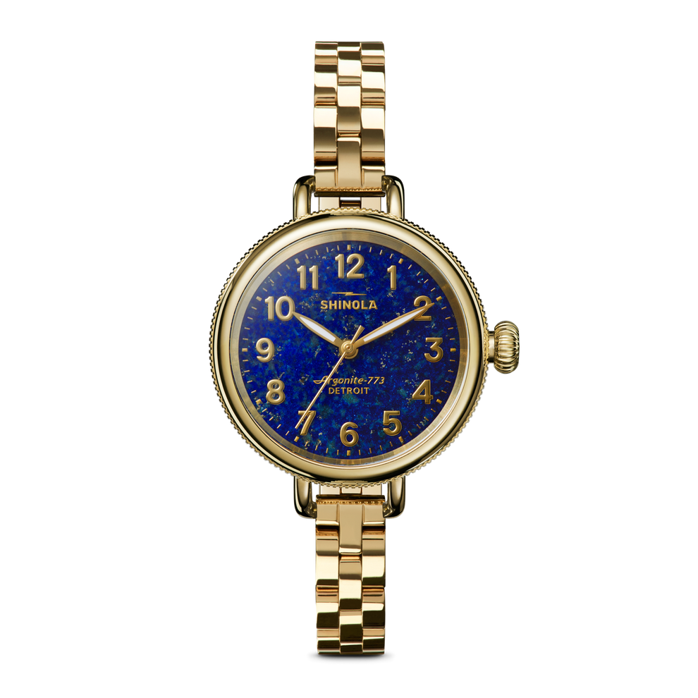 SHINOLA 34MM "BIRDY" YELLOW CASE AND BRACELET ROUND LAPIS DIAL WATCH SERIAL #S0101400124