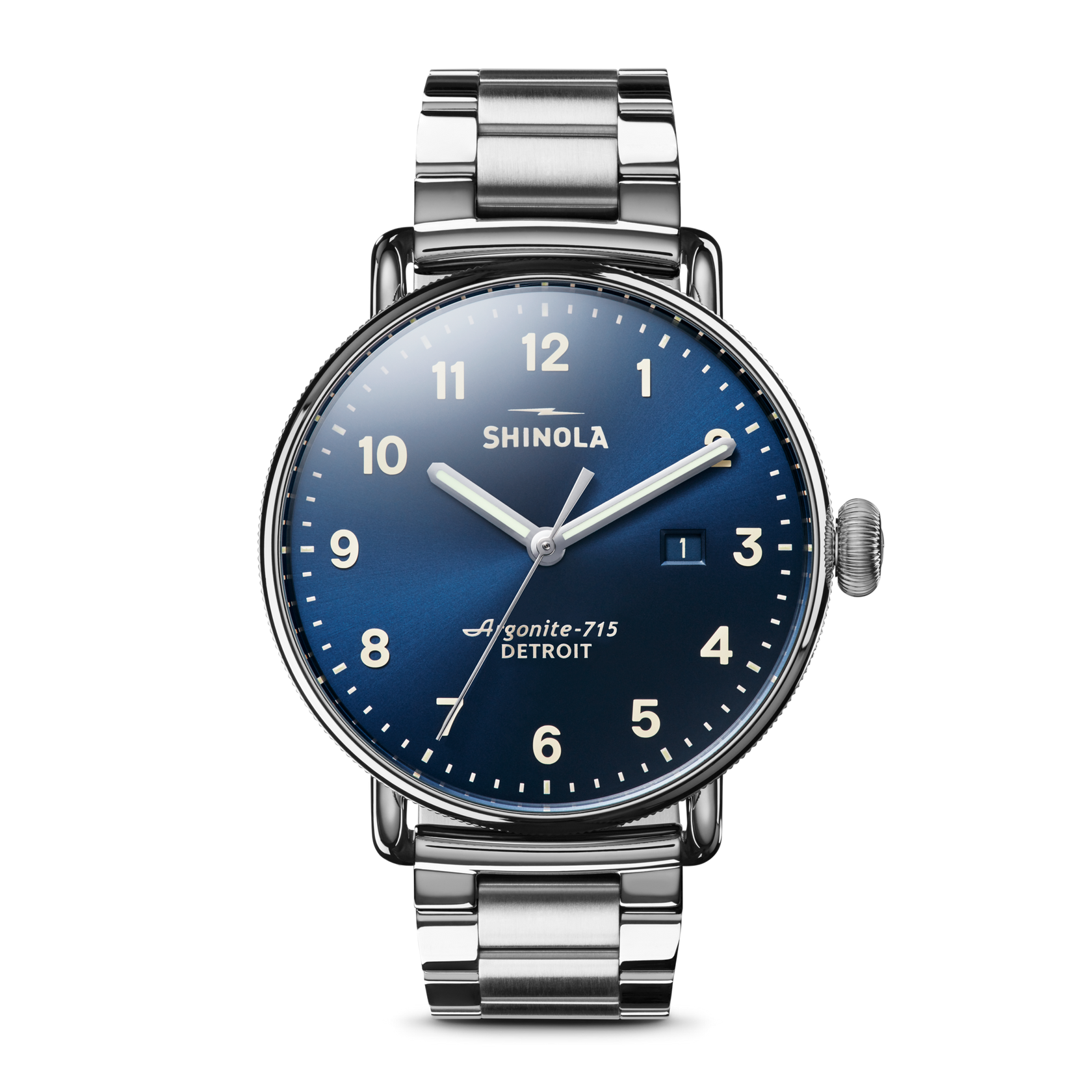 SHINOLA 43MM "CANFIELD" STAINLESS STEEL CASE & 3 LINK BRACELET ROUND MIDNIGHT BLUE DIAL WATCH SERIAL #S0100405877