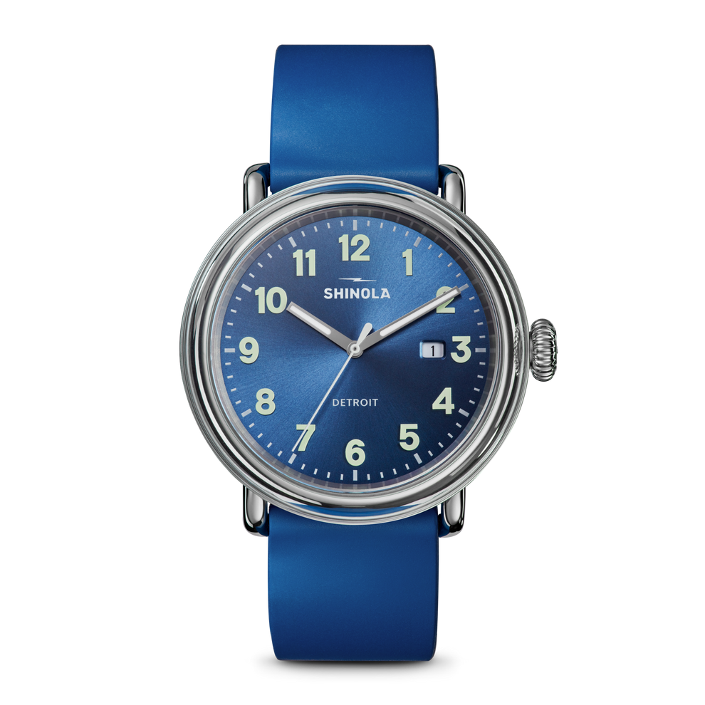 SHINOLA 41MM "DETROLA" STAINLESS CASE AND 20MM BLUE RUBBER STRAP ROUND DENIM BLUE DIAL WATCH SERIAL #S0120307643