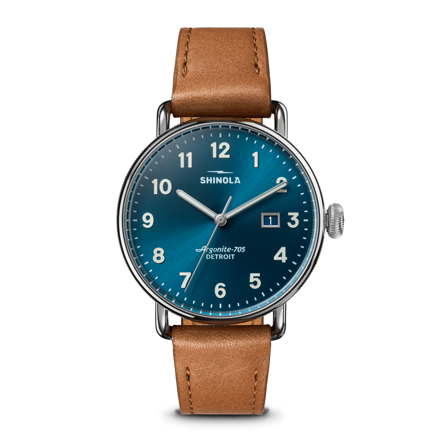 SHINLOA 38MM "CANFIELD" STAINLESS STEEL CASE 18MM TAN LEATHER STRAP ROUND ASTRO BLUE DIAL WATCH SERIAL #S0101400337