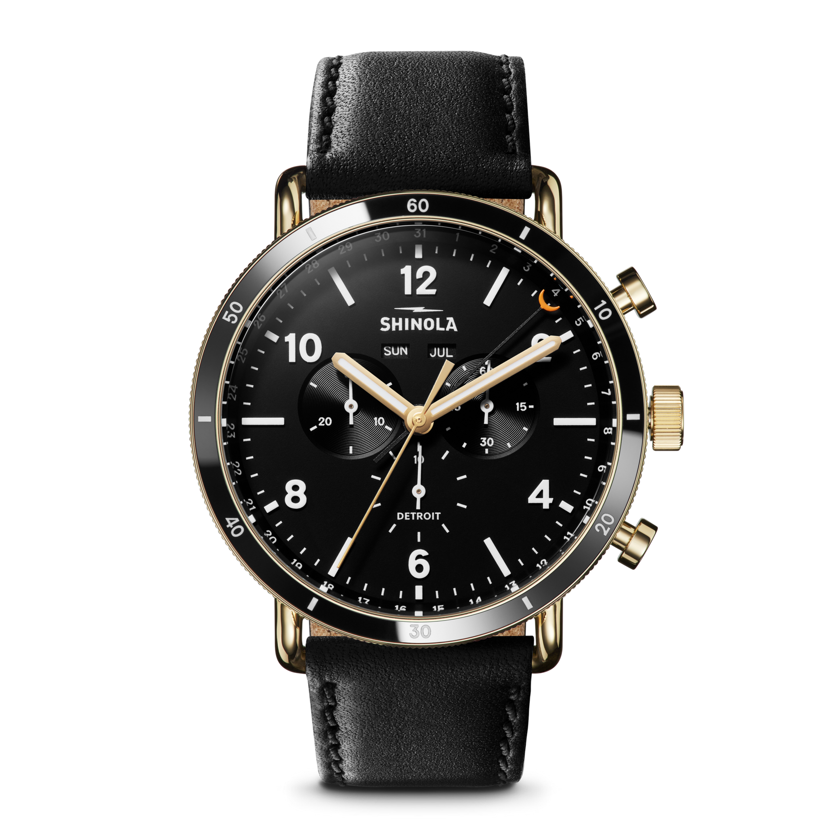 45MM SHINOLA "CANFIELD SPORT" YELLOW CASE 22MM BLACK LEATHER STRAP MATTE BLACK DIAL WATCH SERIAL #S0100604052