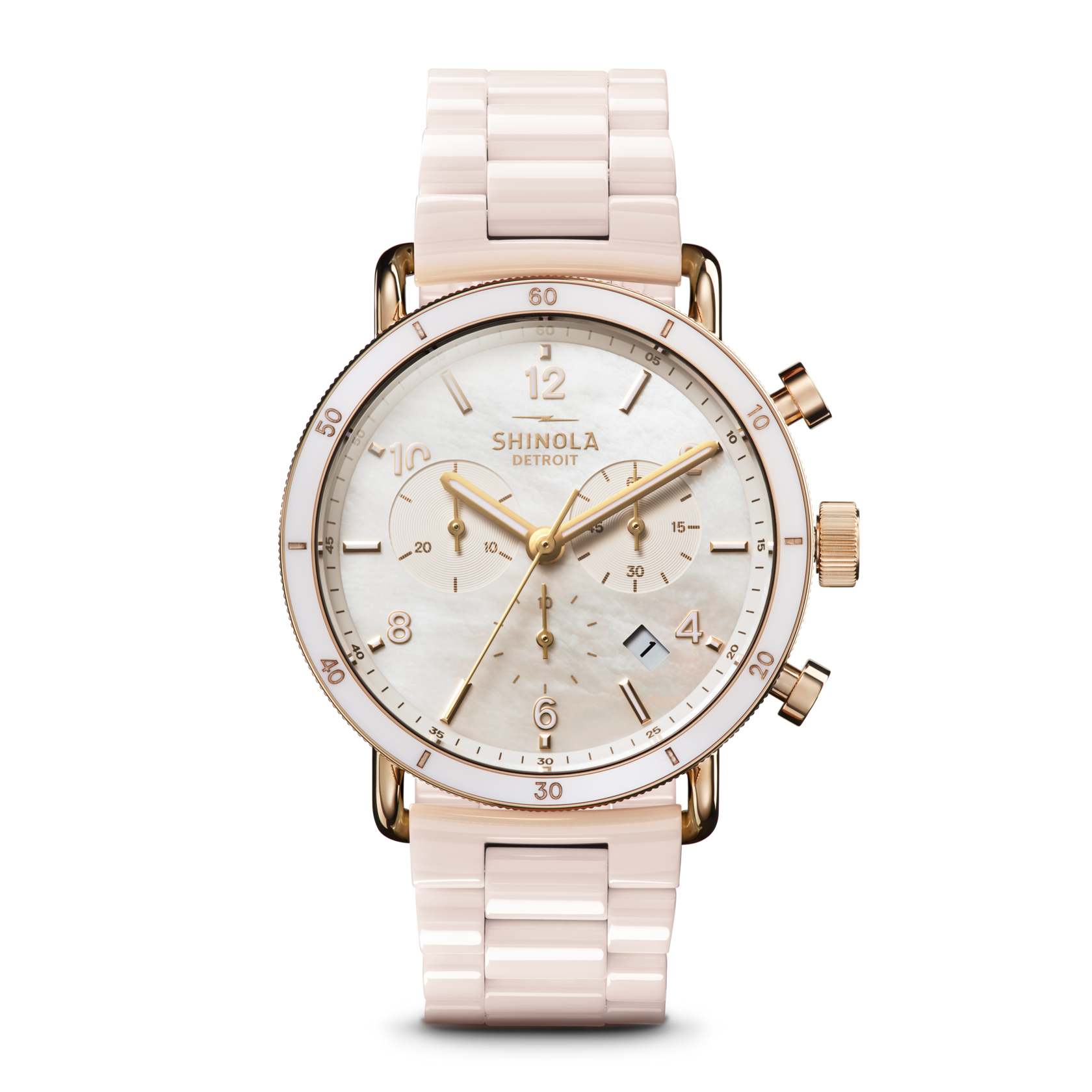 SHINOLA 40MM "CANFIELD SPORT" BLUSH CERAMIC BRACELET ROSE CASE ROUND WHITE MOTHER OF PEARL DIAL WATCH SERIAL #S0100901896
