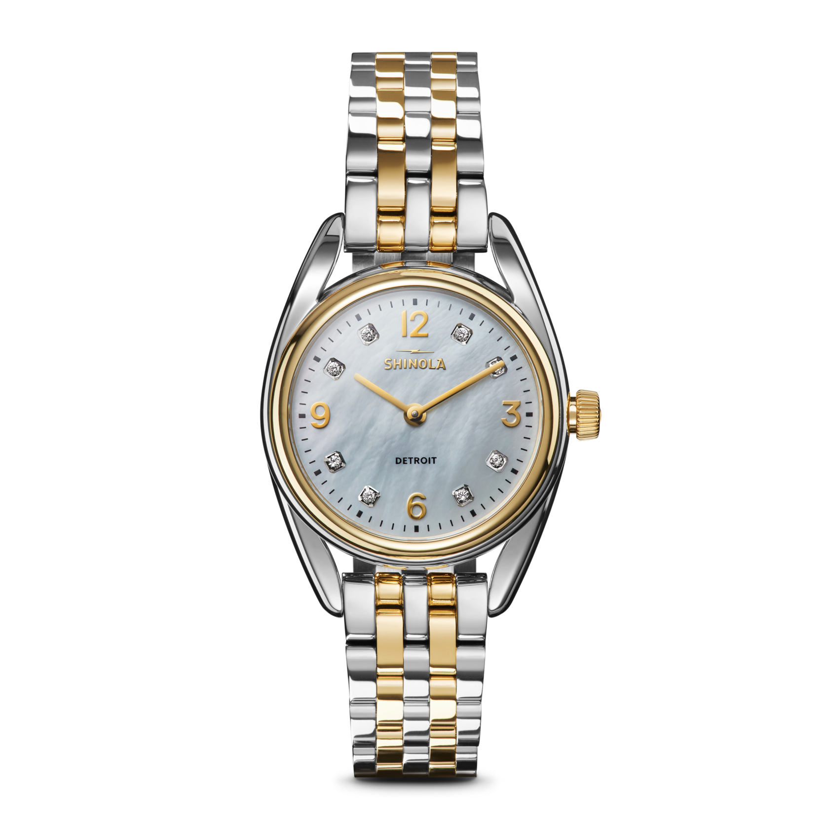 30.5MM SHINOLA "DERBY" TWO TONE CASE AND BRACELET ROUND WHITE MOTHER OF PEARL WITH DIAMOND DIAL SHINOLA WATCH SERIAL #S0101101639