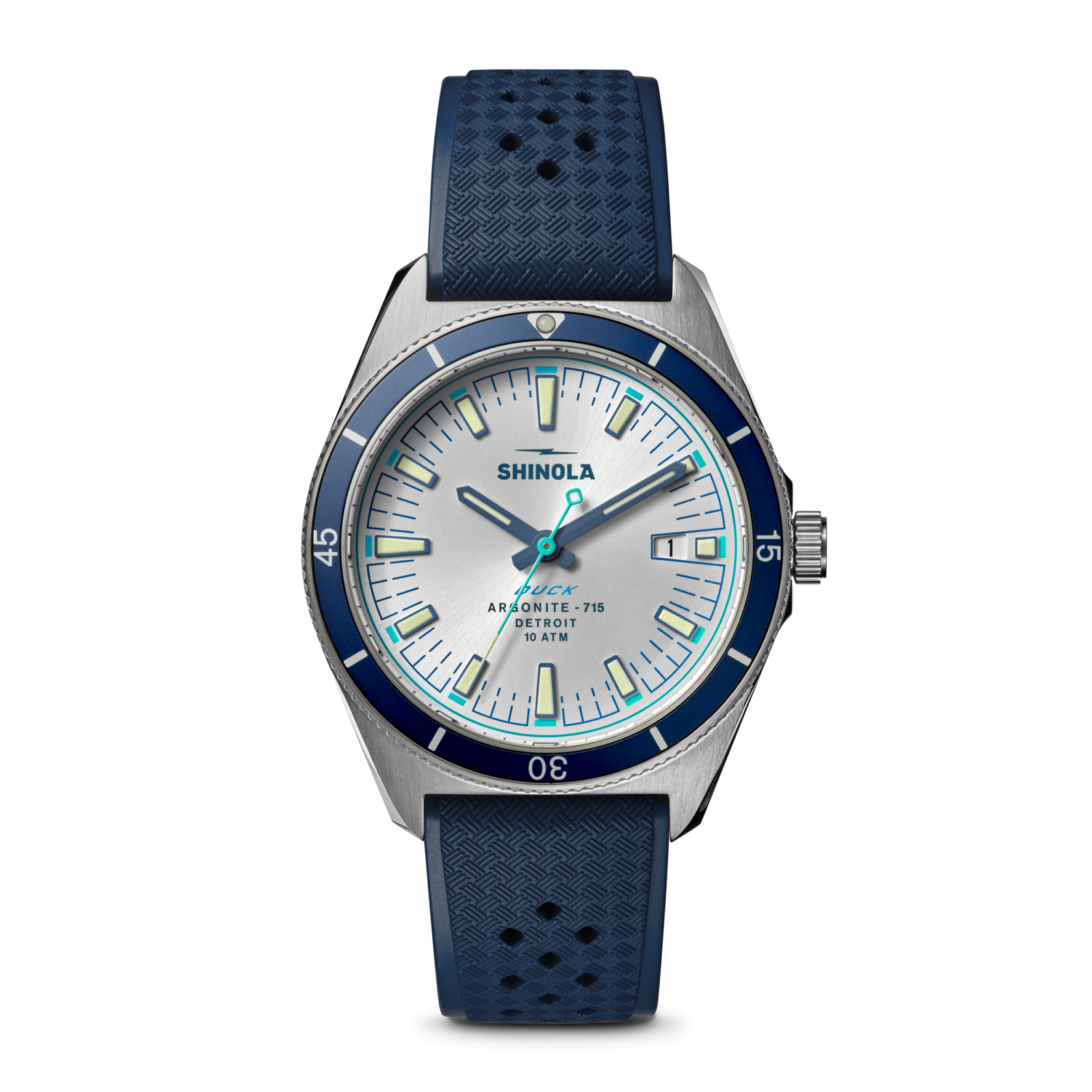 SHINOLA 40MM "DUCK" STAINLESS STEEL CASE MIDNIGHT BLUE RUBBER STRAP AND ALABASTER DIAL WATCH SERIAL #S001400345