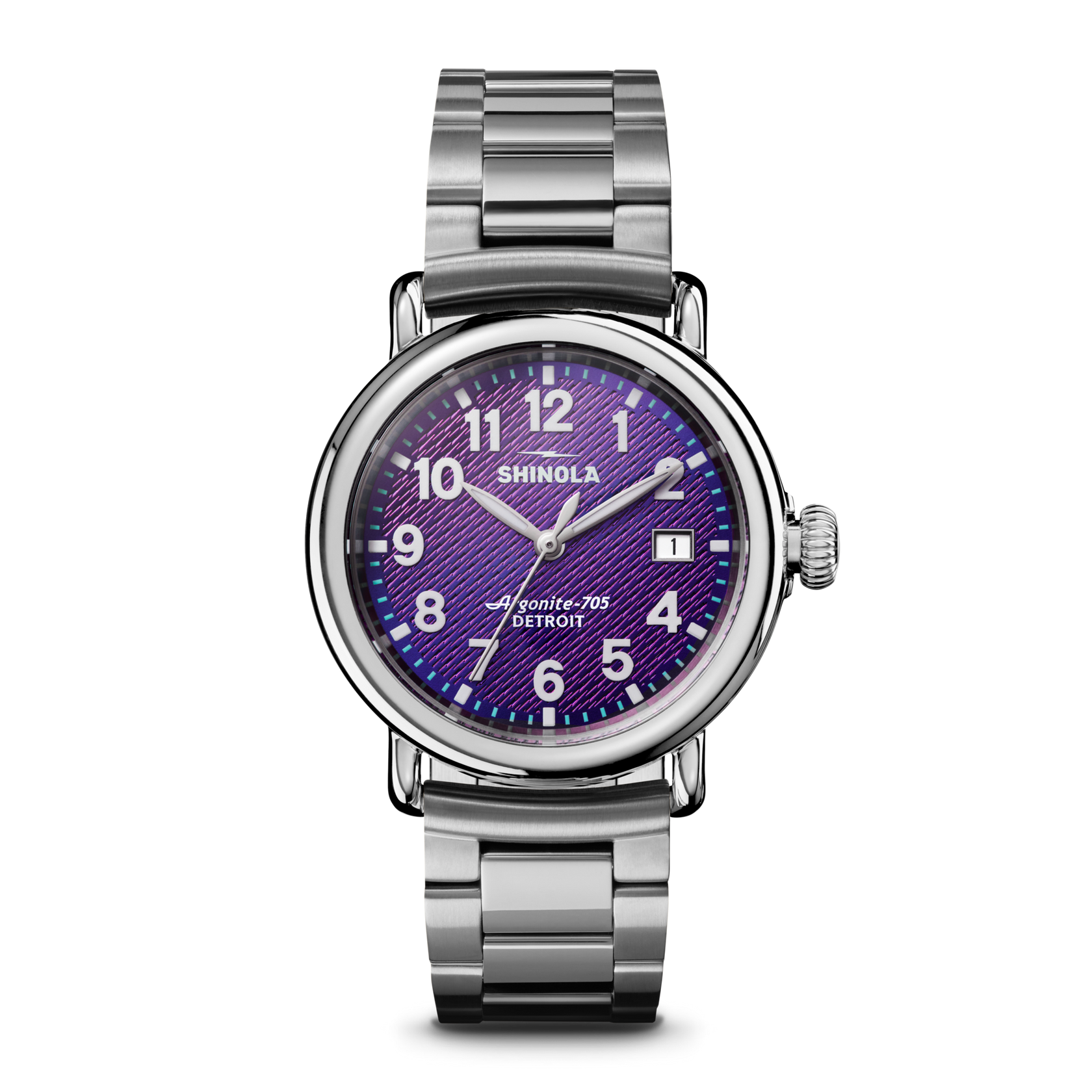 SHINOLA 36MM "RUNWELL" STALINSS STEEL CASE AND BRACELET SILICON PURPLE DIAL WATCH SERIAL #S0101400088