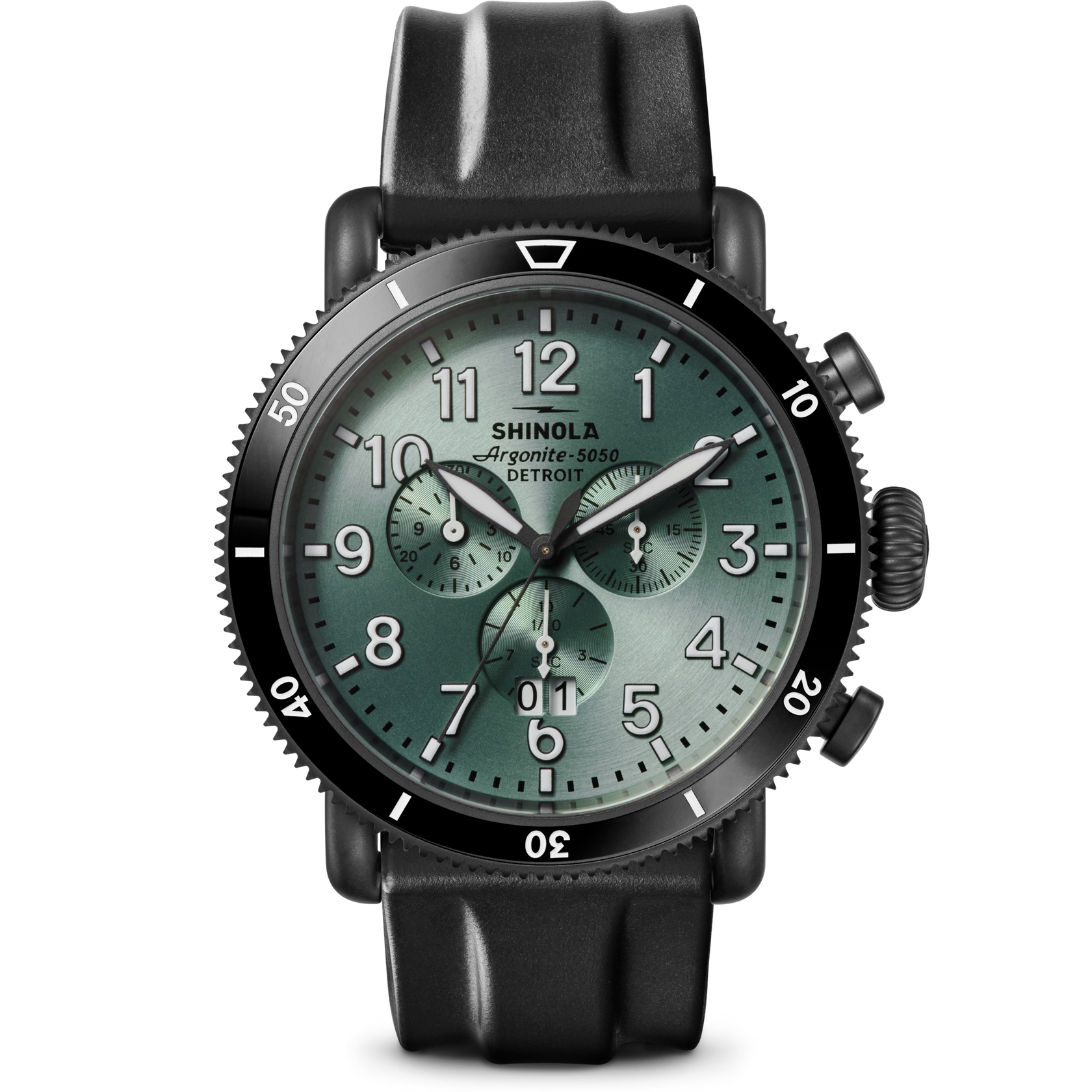 SHINOLA 48MM "RUNWELL SPORT CHRONO" SANDBALST PVD CASE BLACK RUBBER STRAP CYPRESS GREEN DIAL WATCH SERIAL #S0101400173
