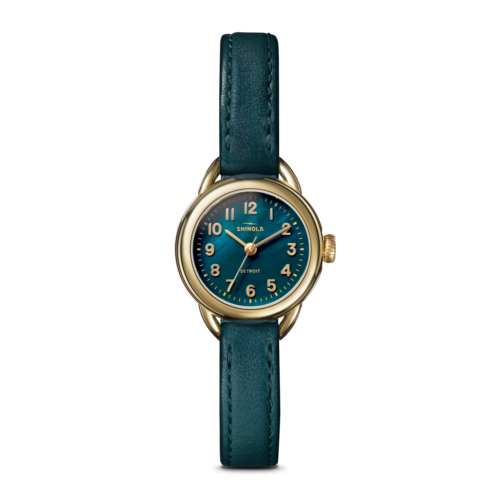 SHINOLA 25MM "RUNABOUT" ROUND YELLOW CASE 10MM EMERALD GREEN LEATHER STRAP EMERALD MOTHER OF PEARL DAIL WATCH SERIAL #S0101400181
