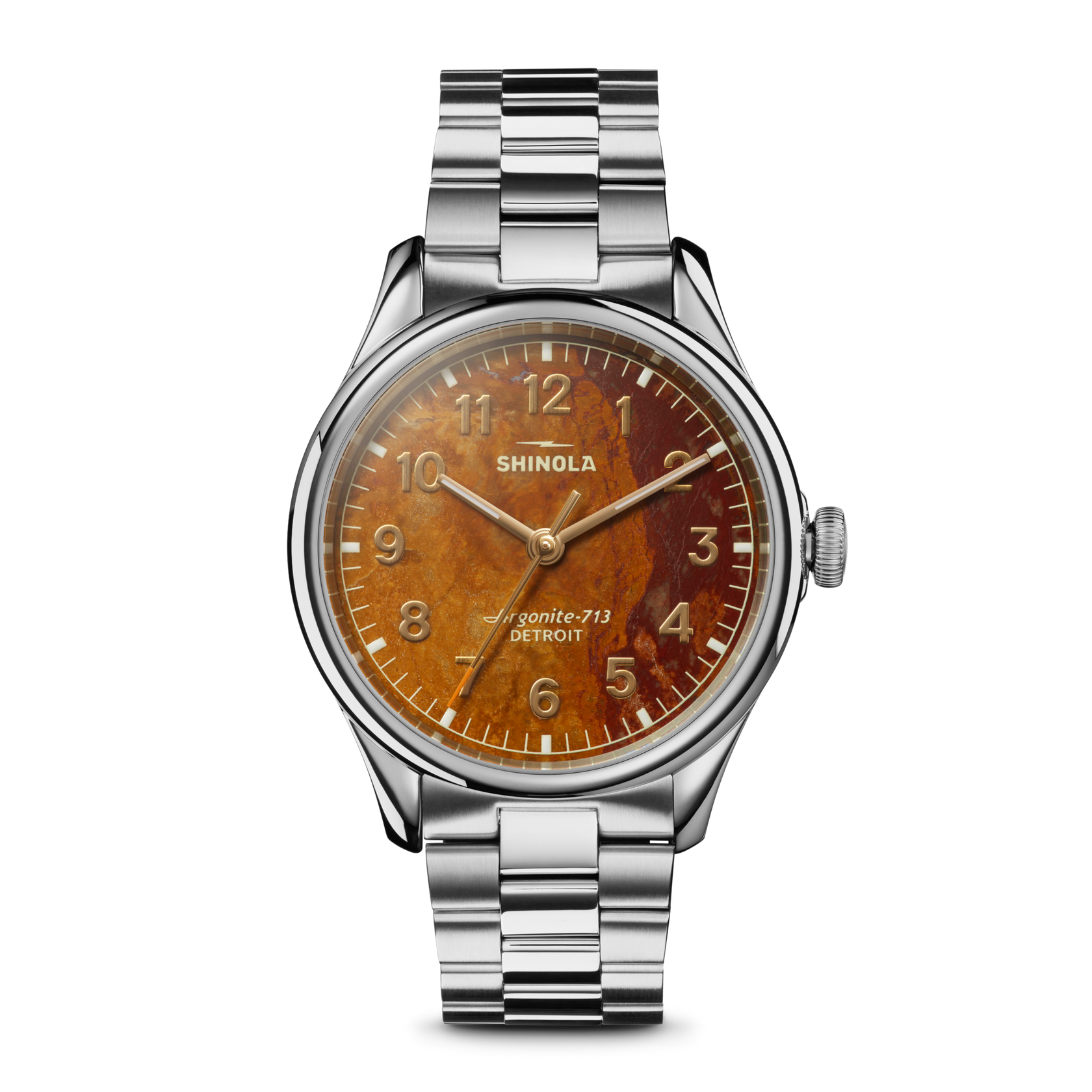 SHINOLA 38MM "VINTON" STAINLESS STEEL CASE AND BRACELET THREE LINK BRACELET PETRIFIED WOOD DIAL WATCH SERIAL #S0101400092