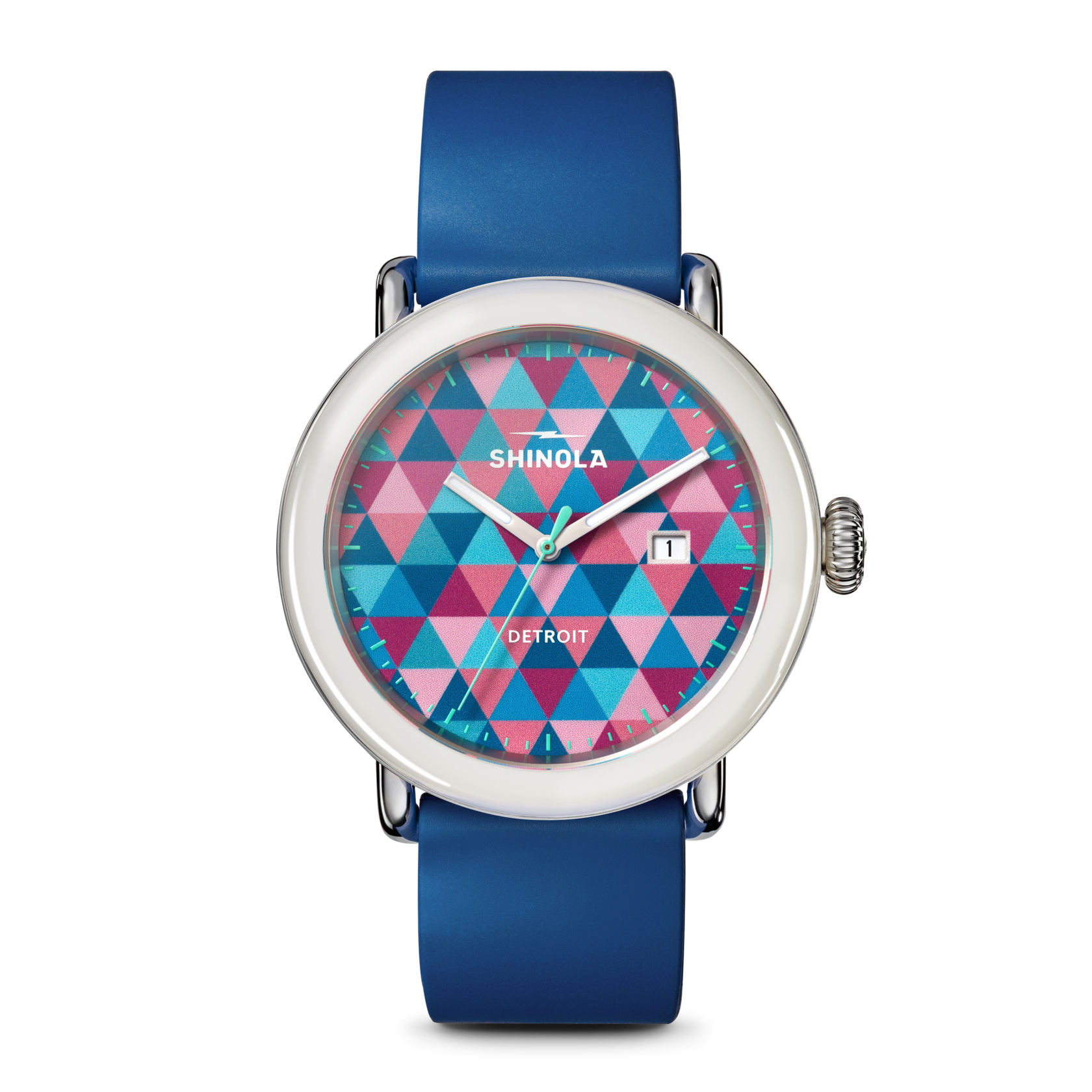 SHINOLA 41MM "DETROLA" STAINLESS CASE WHITE BEZEL 20MM BLUE RUBBER STRAP BLUE COLOR THEORY DIAL WATCH SERIAL #S0101400068