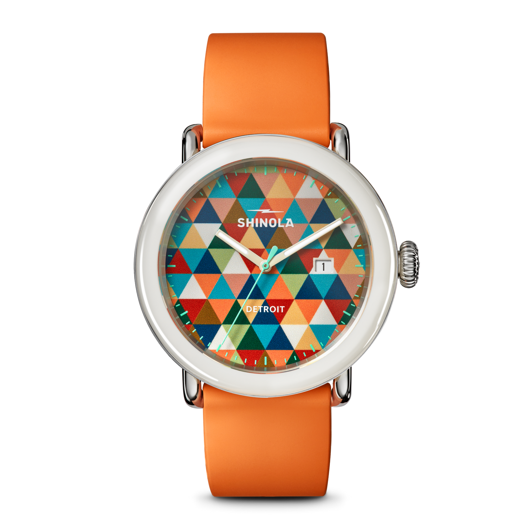 SHINOLA 41MM "DETROLA" STAINLESS CASE WHITE BEZEL 20MM ORANGE RUBBER STRAP ORANGE COLOR THEORY DIAL WATCH SERIAL #S0101400492