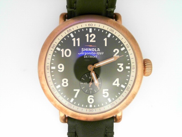 SHINOLA 43MM "BRONZE RUNWELL" ROUND BRONZE CASE 20MM DARK OLIVE LEATHER STRAP WATCH SERIAL #S0101400306