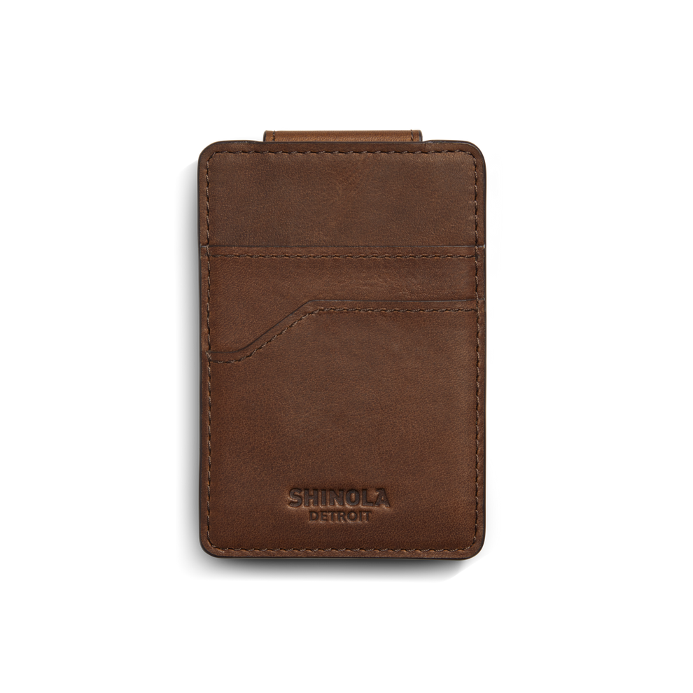 SHINOLA MAGNETIC MONEY CLIP CARD WALLET TAN LEATHER