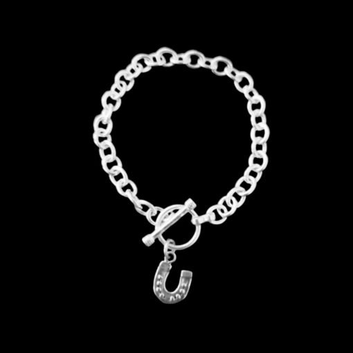 JANE HEART STERLING SILVER ROUND LINK TOGGLE BRACELET WITH HORSESHOE CHARM