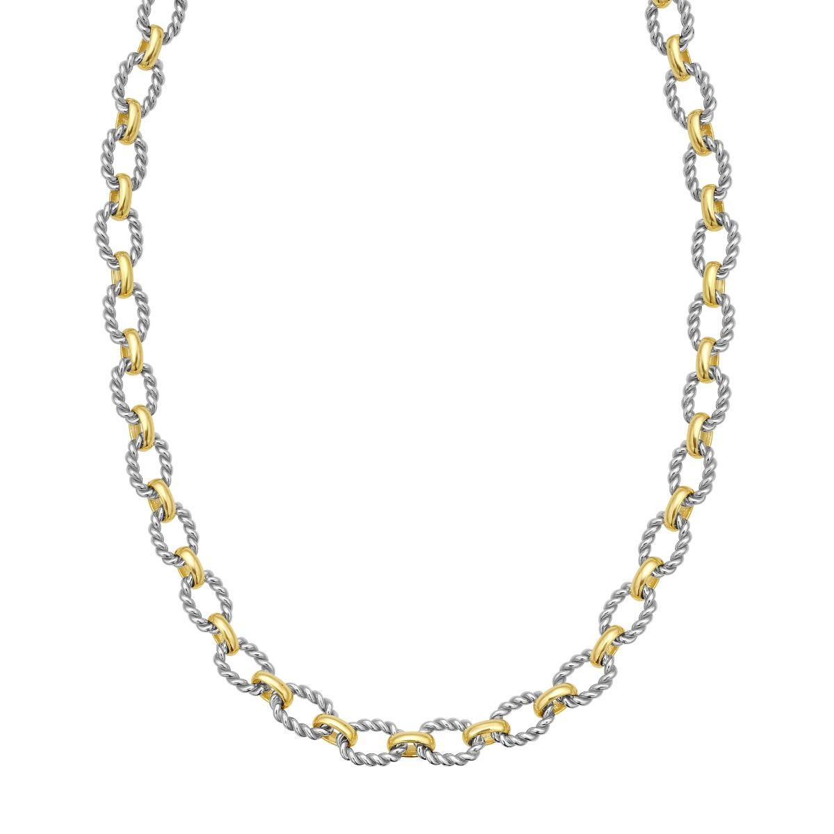 7.25" STERLING SILVER TEXTURED OVAL LINK AND 18K YELLOW GOLD POLISHED OVAL LINK BRACELET WITH A LOBSTER CLASP