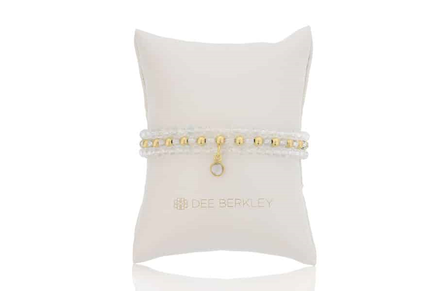 DEE BERKLEY - SET OF THREE: 4MM FACETED WHITE TOPAZ WITH GOLD FILLED FINISHING BEADS, 4MM FACETED WHITE TOPAZ & GOLD FILLED 1X1 & 4MM FACETED GARNET WITH GOLD PLATED SILVER CLEAR QUARTZ BEZEL CHARM