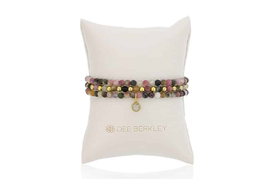 DEE BERKLEY - SET OF THREE: 4MM FACETED TOURMALINE WITH GOLD FILLED FINISHING BEADS, 4MM FACETED TOURMALINE & GOLD FILLED 1X1 & 4MM FACETED TOURMALINE WITH GOLD PLATED SILVER CLEAR QUARTZ BEZEL CHARM