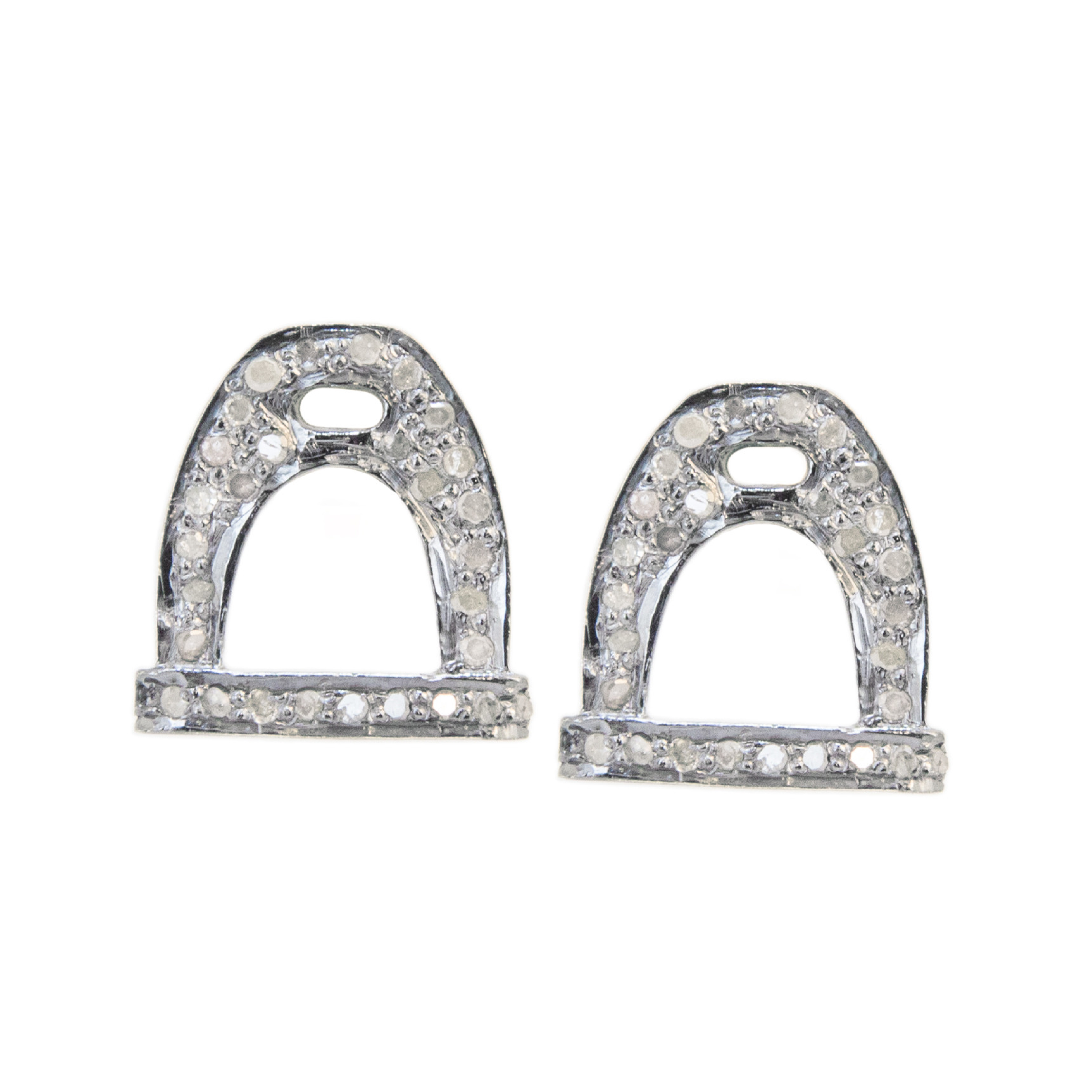 VINCENT PEACH STERLING SILVER "DEMURE" STIRRUP STUD EARRINGS WITH PAVE SET DIAMONDS WITH 14K YELLOW GOLD POSTS AND BACKS