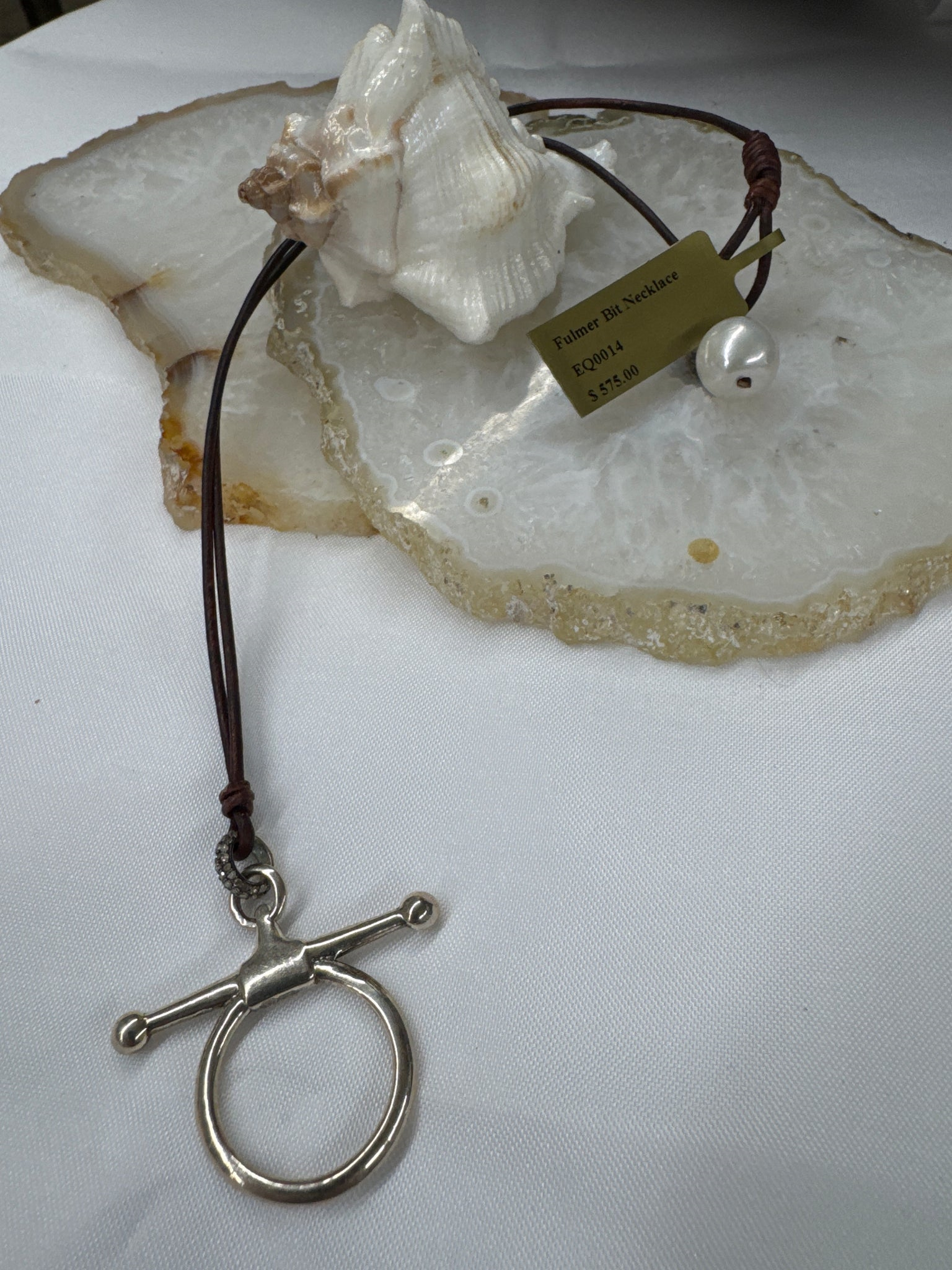 VINCENT PEACH STERLING SILVER FULL CHEEK BIT NECKLACE ON BROWN LEATHER