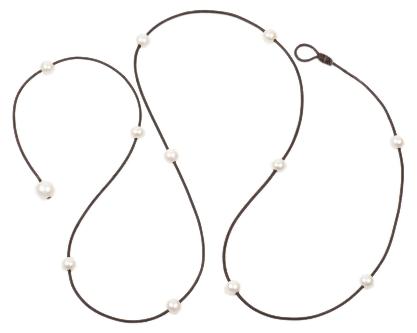 VINCENT PEACH BROWN LEATHER NECKLACE WITH 7MM WHITE FRESHWATER PEARLS