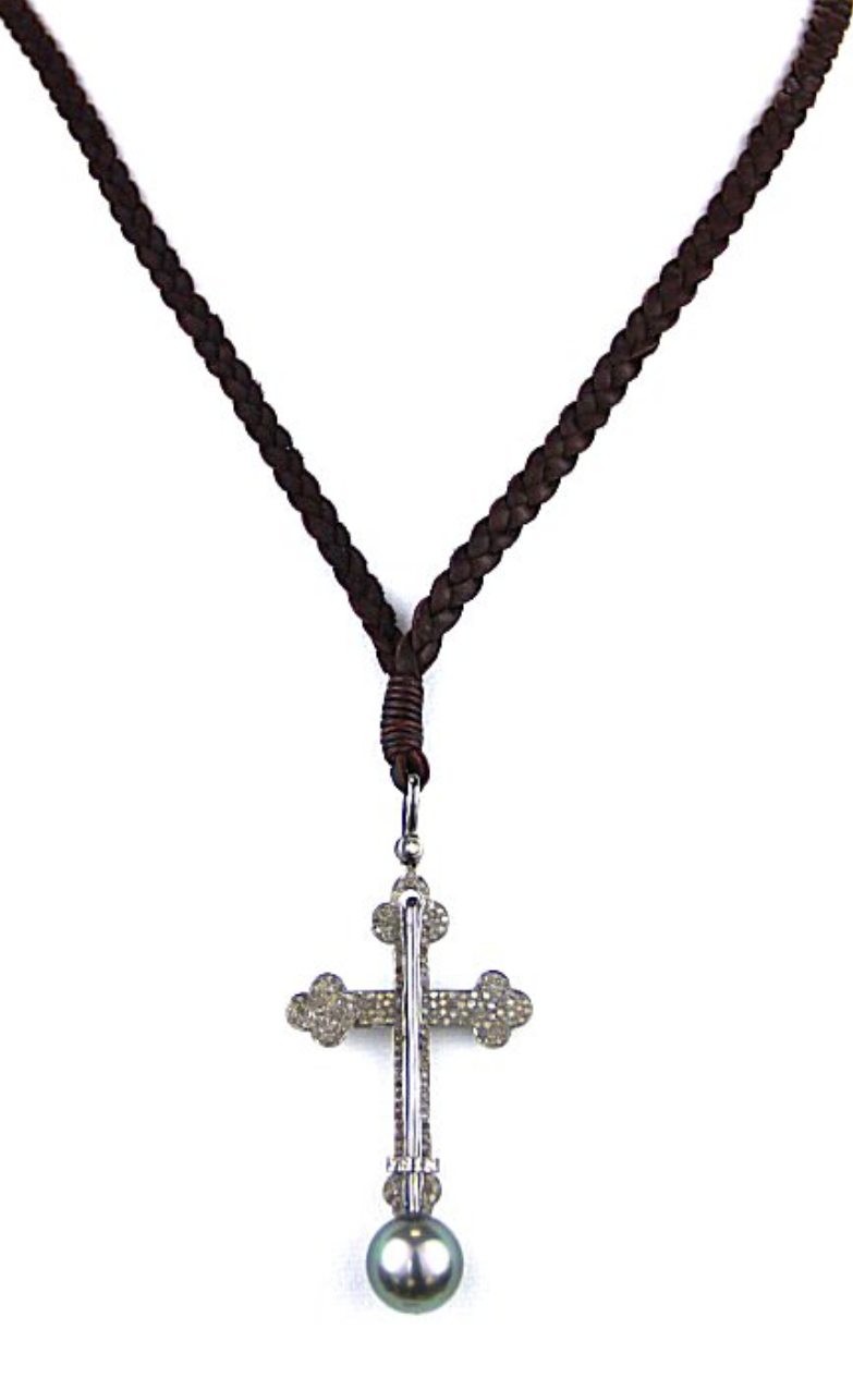 VINCENT PEACH ST JOHN OF THE CROSS PENDANT WITH DIAMONDS ON BRAIDED PREMIUM LEATHER