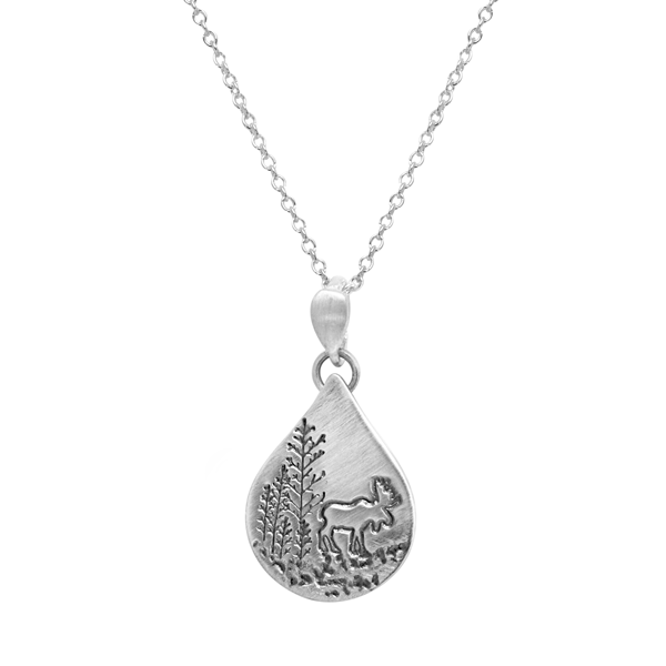 SARATOGA JEWELS STERLING SILVER LANDSCAPE MOOSE SMALL DROP NECKLACE ON AN 18