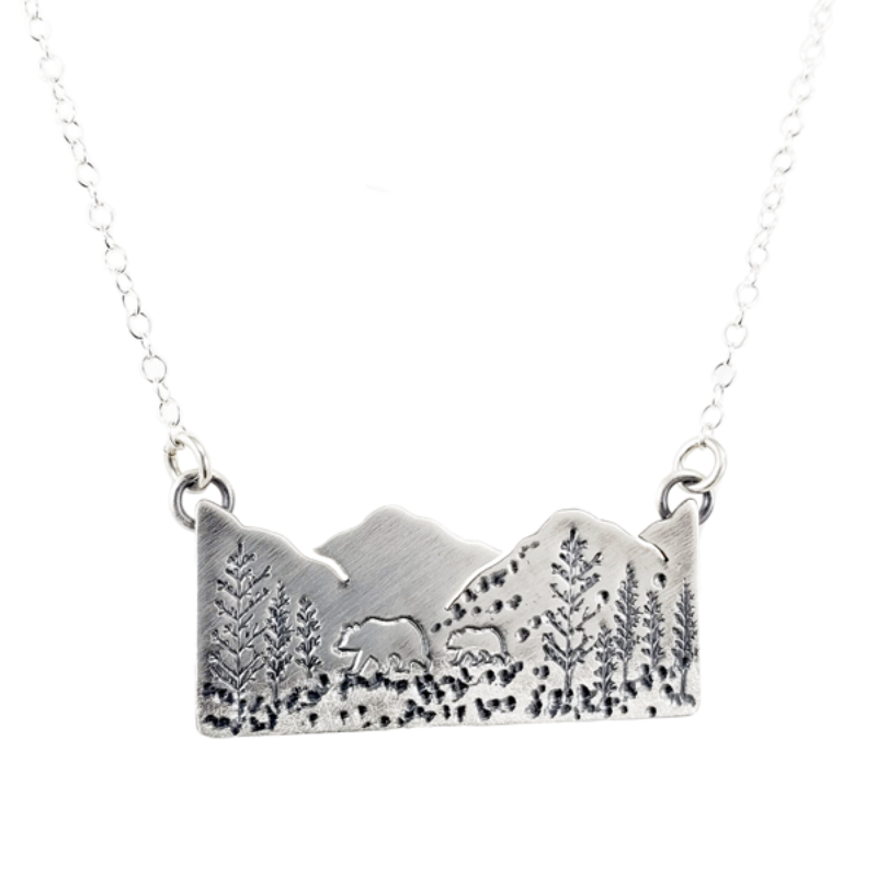 SARATOGA JEWELS STERLING SILVER LANDSCAPE MOUNTAIN PROFILE NECKLACE WITH BEARS ON AN 18" CABLE CHAIN