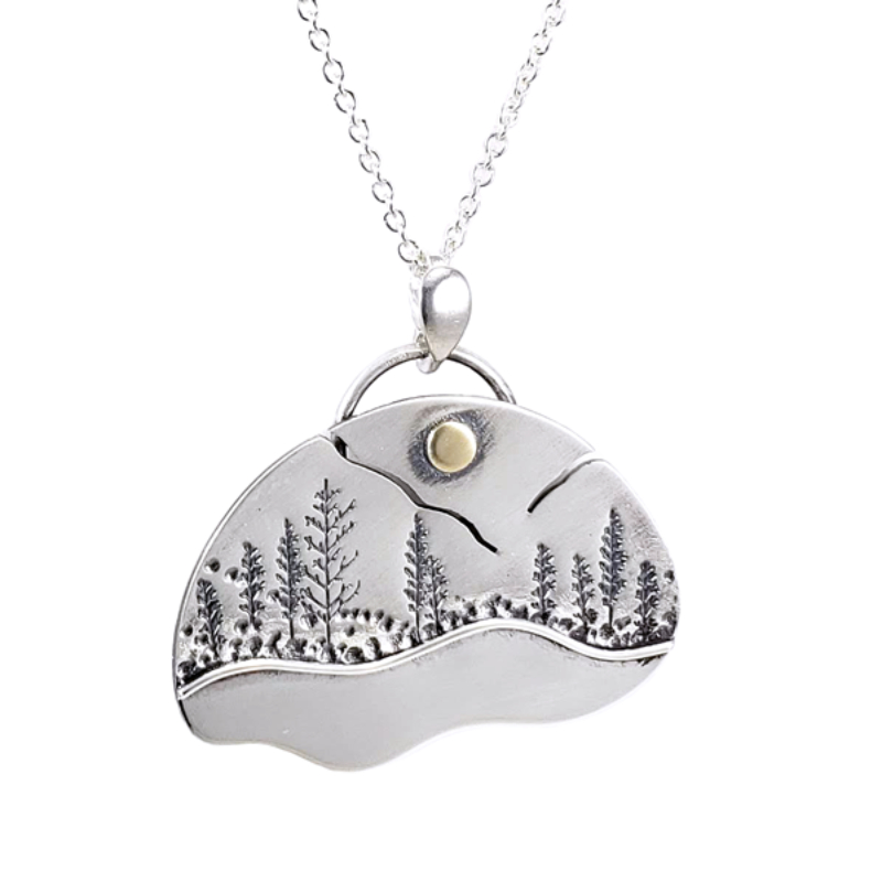 SARATOGA JEWELS STERLING SILVER LANDSCAPE LAKESIDE MOUNTAIN NECKLACE ON AN 18" CHAIN