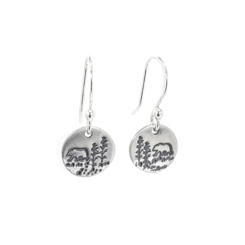 SARATOGA JEWELS STERLING SILVER LANDSCAPE BEAR SMALL ROUND EARRINGS ON WIRES