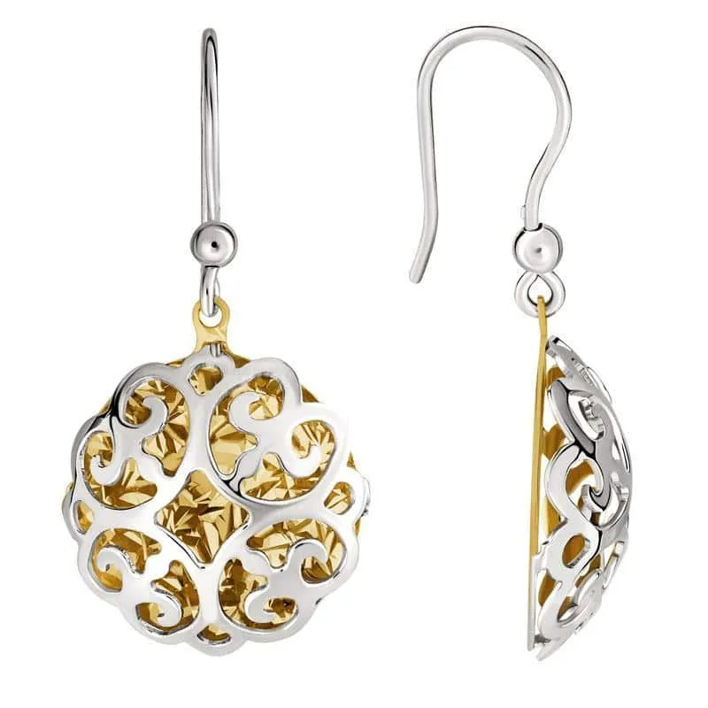 STERLING SILVER (RHODIUM PLATED) AND YELLOW ROUND GEO OPEN DESIGN DANGLE DROP EARRINGS ON WIRES