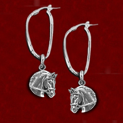 JANE HEART STERLING SILVER ELONGATED HOOP EARRINGS WITH THOROUGHBRED HORSE DROP