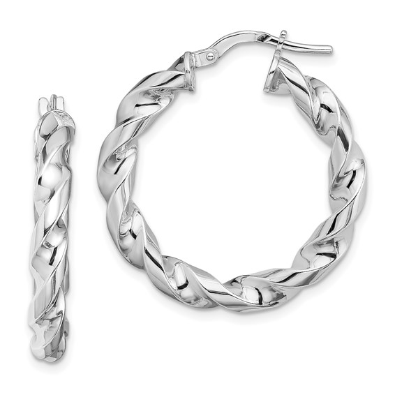 STERLING SILVER 4X20MM RHODIUM PLATED TWISTED HOOP EARRINGS