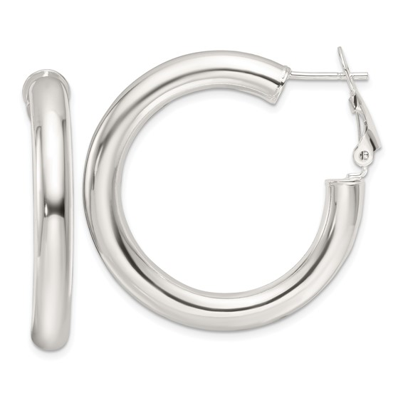 STERLING SILVER 35X5MM POLISHED HOOP EARRINGS WITH OMEGA BACKS